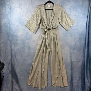 Skylar + Madison Striped Tie Front Wide Leg Jumpsuit Sage Green White Small